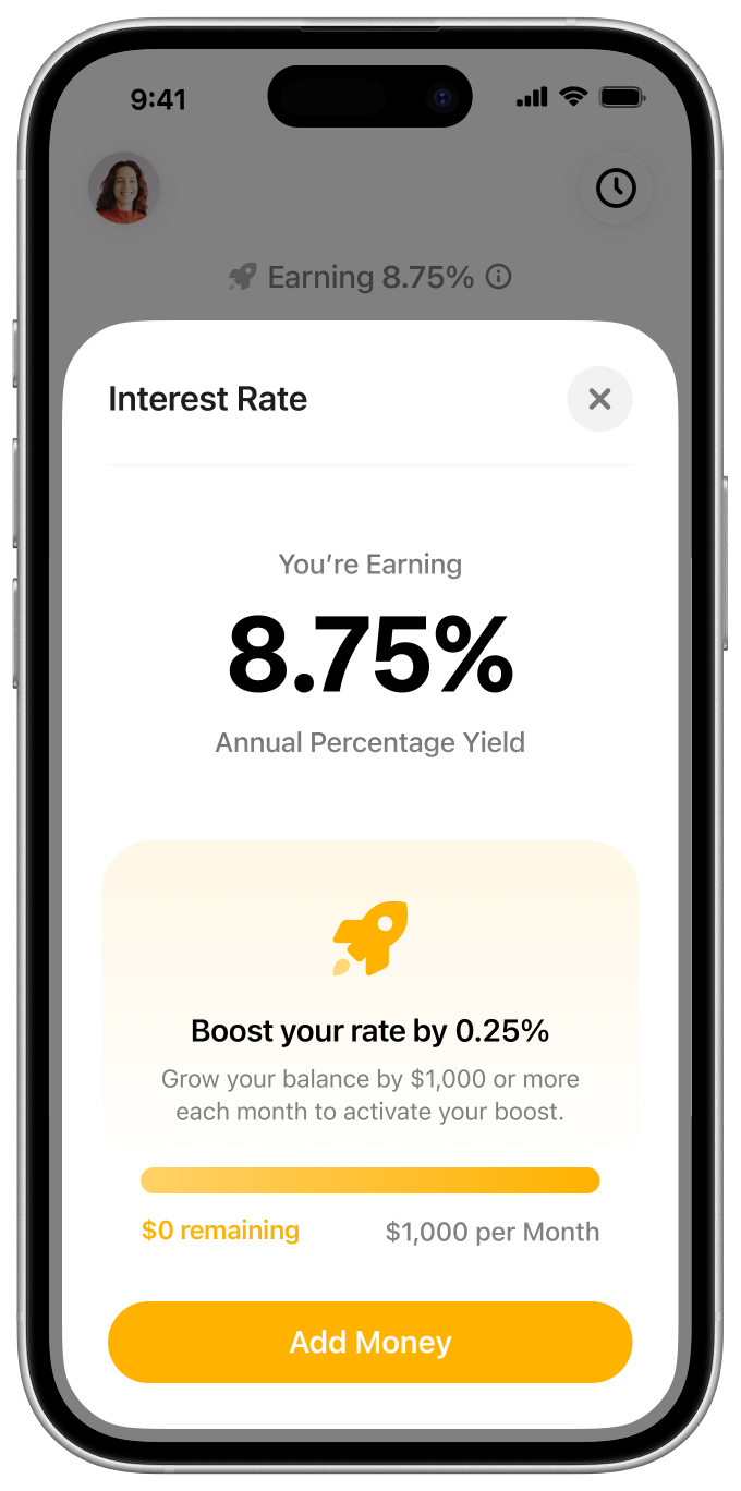 The Aave app showing a savings balance earning 8.75%.