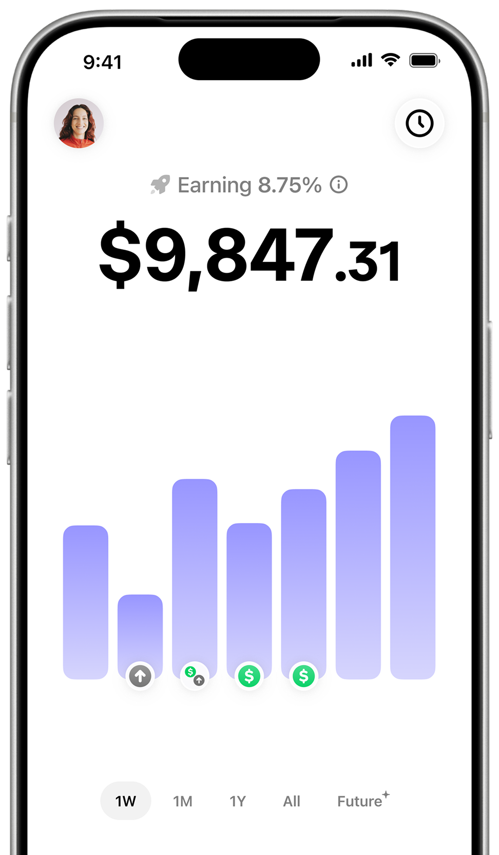The Aave app showing a savings balance earning 8.75%.
